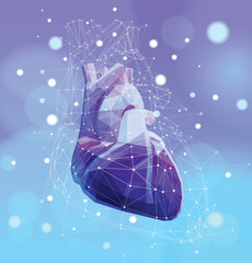 3D illustration of a structure of triangles connected by dots in the shape of a human heart in purple tones placed on a light background. Used in medicine, science, advertising, commerce and industry.