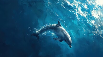 Obraz premium A sleek dolphin elegantly glides through azure waters, head tilted, mouth agape, embodying grace and freedom in a serene ocean tableau