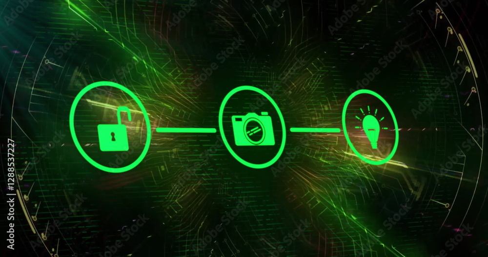 Poster image of network of connections with icons over dark background