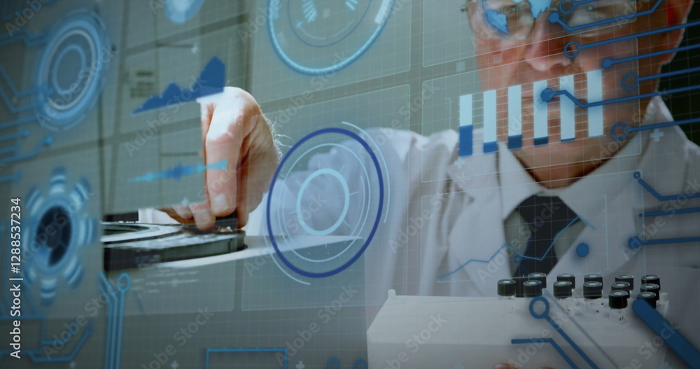 Poster image of scientific data processing over diverse scientists in laboratory