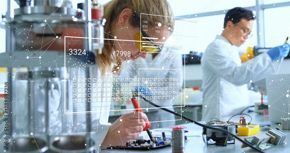 Poster image of scientific data processing over diverse scientists in laboratory