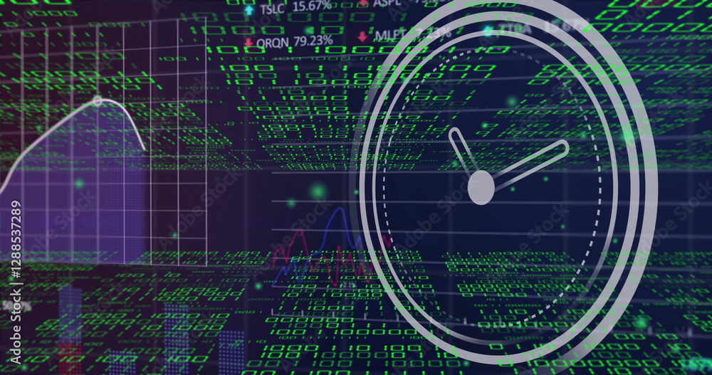 Poster image of moving clock over data processing on black background