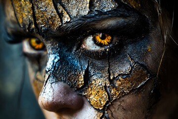 Retrato intenso con maquillaje facial dramático y ojos cautivadores, transmitiendo una atmósfera poderosa y misteriosa.