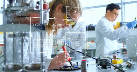 Image of scientific data processing over diverse scientists in laboratory