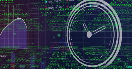 Image of moving clock over data processing on black background