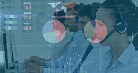 Image of financial data processing over diverse colleagues using phone headsets and computers