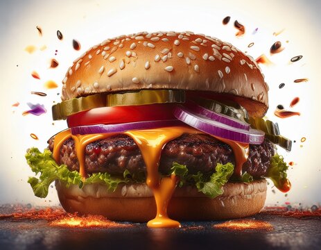 Fotograf&iacute;a de estudio profesional de una hamburguesa de ternera frita, con queso fundido y salsa mayo y salsa cheedar, tomate rojo, pepinillo, cebolla roja fina, estilo 4k, ultra realista