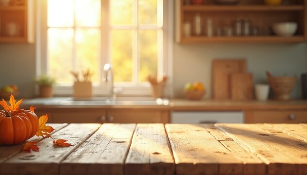 Fototapeta Sunlit wooden table with pumpkin, leaves in blurred autumn kitchen. Warm sunlight. Rustic countertop space for food product montage, mockup display, template. Cozy fall decoration at cozy home indoor.