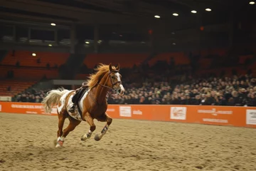 Fototapete Chestnut horse runs indoor arena, spectators watch. Equestrian event photography © Iswanto