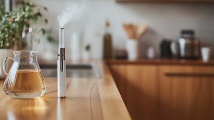 Vaping device on a wooden countertop next to a glass carafe. Featuring simplicity and serenity