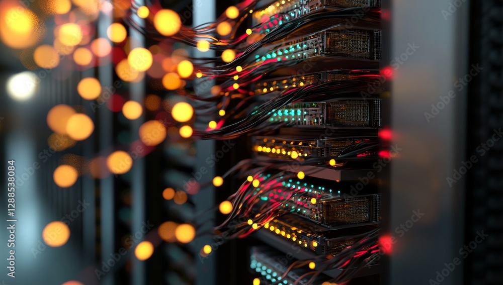 Poster d rendering of graph holograms hovering above a server room data center