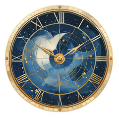A celestial clock marking cosmic events, Isolated on transparent or white background cut out, Celestial and Cosmic Themes clip art concept