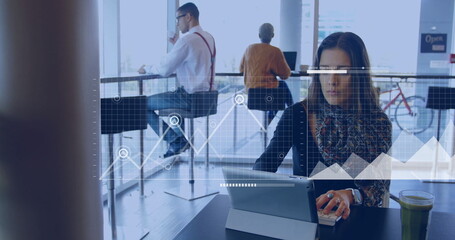 Image of digital data processing over caucasian businesswoman using tablet