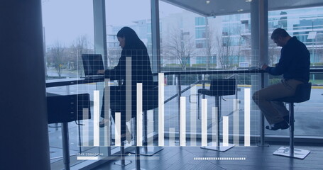 Image of digital data processing over diverse business people using laptop and smartphone