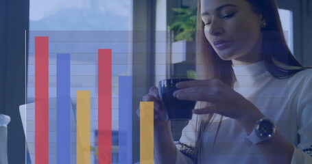 Image of digital data processing over caucasian businesswoman using laptop