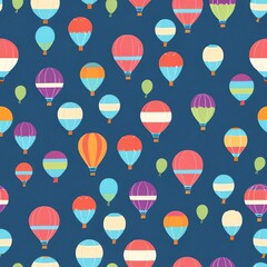 Colorful Hot Air Balloons Seamless Pattern: A whimsical design featuring vibrant hot air balloons against a deep blue backdrop, perfect for textiles, wallpapers, and various design applications.