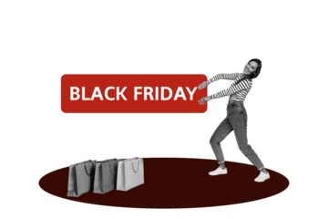 Collage photo billboard young charming advertiser girl shopping assistant drag black friday slogan supermarket isolated on gray background