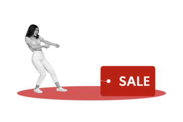 Creative marketing merchandising young girl on collage illustration drag sale label minus fifty percent price isolated on gray background