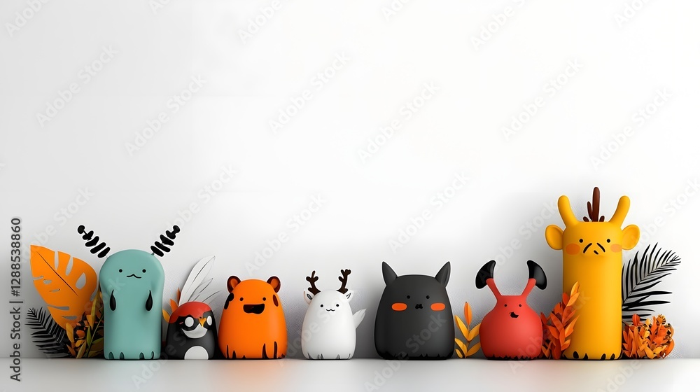 Poster charming doodle style animal characters peeking curiously from the edges of a minimalist playful whi
