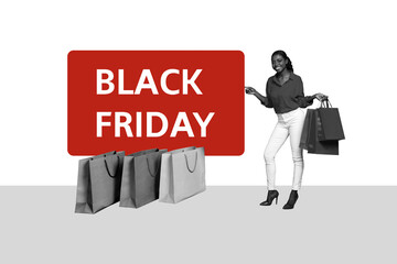 Creative brochure invitation black friday collage of young classy chic fashionista buying clothes isolated on monochrome background