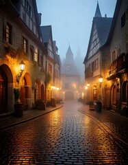 Obraz premium medieval town square with cobblestone streets and lanterns 
