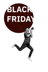 Vertical brochure creative collage of jumping air to scream announcement black friday hot sale man...