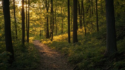 Fototapeta premium A scenic forest trail surrounded by lush greenery and golden light, winding through dense foliage. A peaceful escape for hikers, nature lovers, and outdoor enthusiasts, perfect for adventure