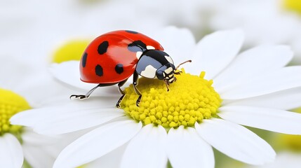 Fototapeta premium Vibrant Red Ladybug Crawling on Bright Yellow Center of White Daisy Flower in Nature