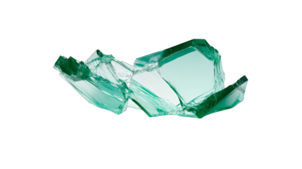 Shattered glass fragments on vibrant green background, a study in texture and light