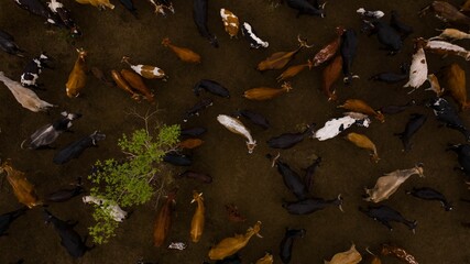 Aerial view of diverse cattle herd grazing.
