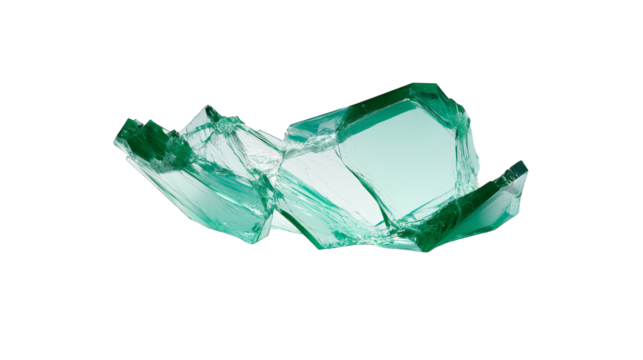 Shattered glass fragments on vibrant green background, a study in texture and light