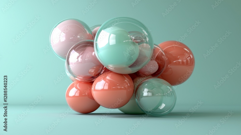Poster abstract holographic floating liquid blobs, soap bubbles, and metaballs are depicted in 3d rendering