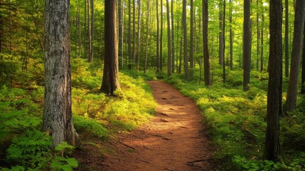 Obraz premium A scenic forest trail surrounded by lush greenery and golden light, winding through dense foliage. A peaceful escape for hikers, nature lovers, and outdoor enthusiasts, perfect for adventure