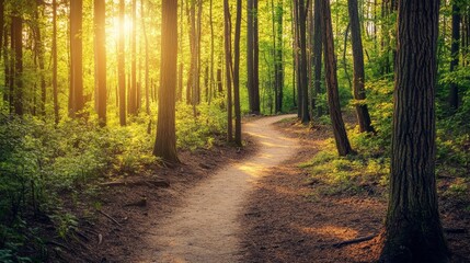 Obraz premium A scenic forest trail surrounded by lush greenery and golden light, winding through dense foliage. A peaceful escape for hikers, nature lovers, and outdoor enthusiasts, perfect for adventure