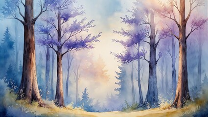 Serene forest pathway illuminated by soft pastel colors at dawn with purple trees and misty background