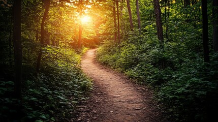 Obraz premium A scenic forest trail surrounded by lush greenery and golden light, winding through dense foliage. A peaceful escape for hikers, nature lovers, and outdoor enthusiasts, perfect for adventure