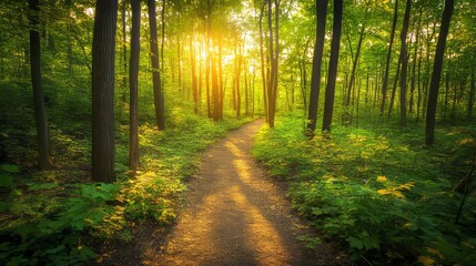 Fototapeta premium A scenic forest trail surrounded by lush greenery and golden light, winding through dense foliage. A peaceful escape for hikers, nature lovers, and outdoor enthusiasts, perfect for adventure