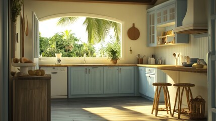Sunny tropical kitchen design, island view, wooden floor, home decor