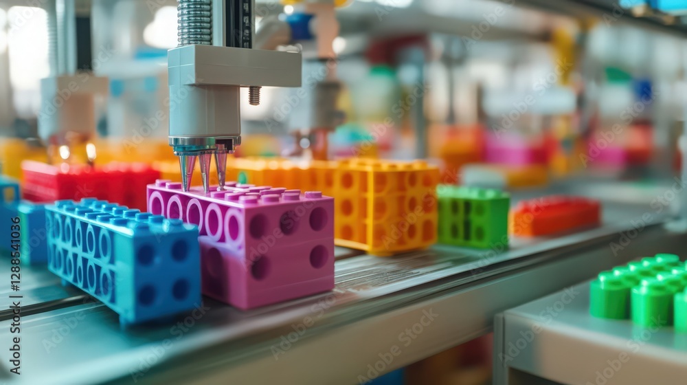 Poster automated assembly line manufacturing colorful toy building blocks