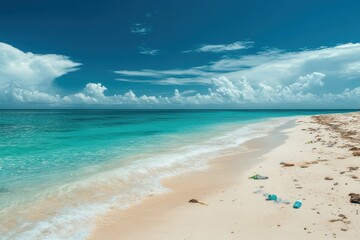 Fototapeta premium On the white sandy beach, a person enjoys the sun in a stylish swimsuit, surrounded by the beauty of the crystal-clear blue sea.