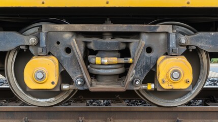 Closeup of the wheel and brake system of a railway car, showing the intricate details of the mechanism and its essential role in transportation. Industrial and mechanical engineering concepts