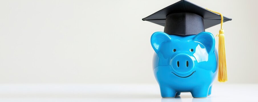 A blue piggy bank wearing a graduation cap symbolizes saving for education and financial planning for students.goal of life achievement learning. success,