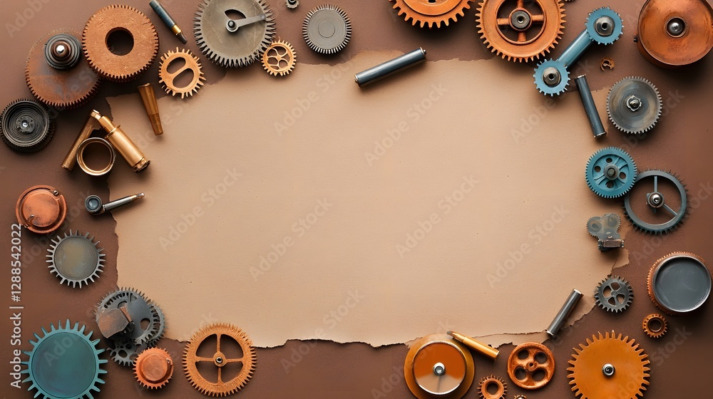 Poster close up of intricate steampunk style gears cogs and brass clockwork mechanisms against a parchment 