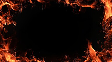 Fiery frame border on a black background with red flames and a black hole effect. Sparks and embers with a lava texture, creating a hyper-detailed, photo-realistic design element in dark tones