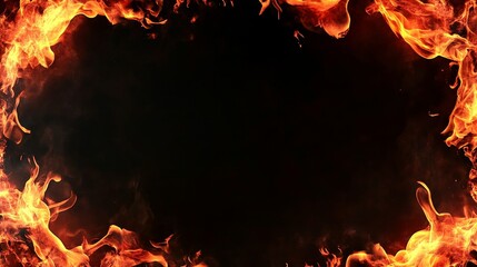 Fiery frame border on a black background with red flames and a black hole effect. Sparks and embers with a lava texture, creating a hyper-detailed, photo-realistic design element in dark tones