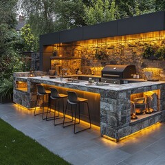Outdoor stone kitchen with barstools and under cabinet lighting. Lush backdrop