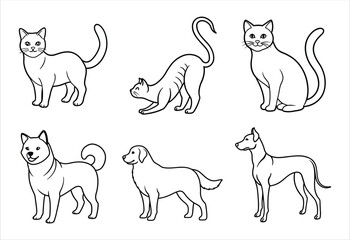 A set of six random animal vector line art designs. Simple collection. Isolated bundle on white background.