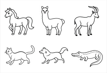 A set of six random animal vector line art designs. Simple collection. Isolated bundle on white background.