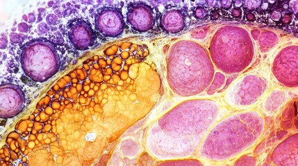 Microscopic image of stool showing vegetative cells and starch granules, offering a close-up view of plant cell structure and starch in a biological specimen