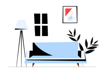 Modern Sofa With Floor Lamp In Flat Vector Illustration Symbolizing Cozy Home Interior, Relaxation, And Contemporary Living, Isolated On White Background